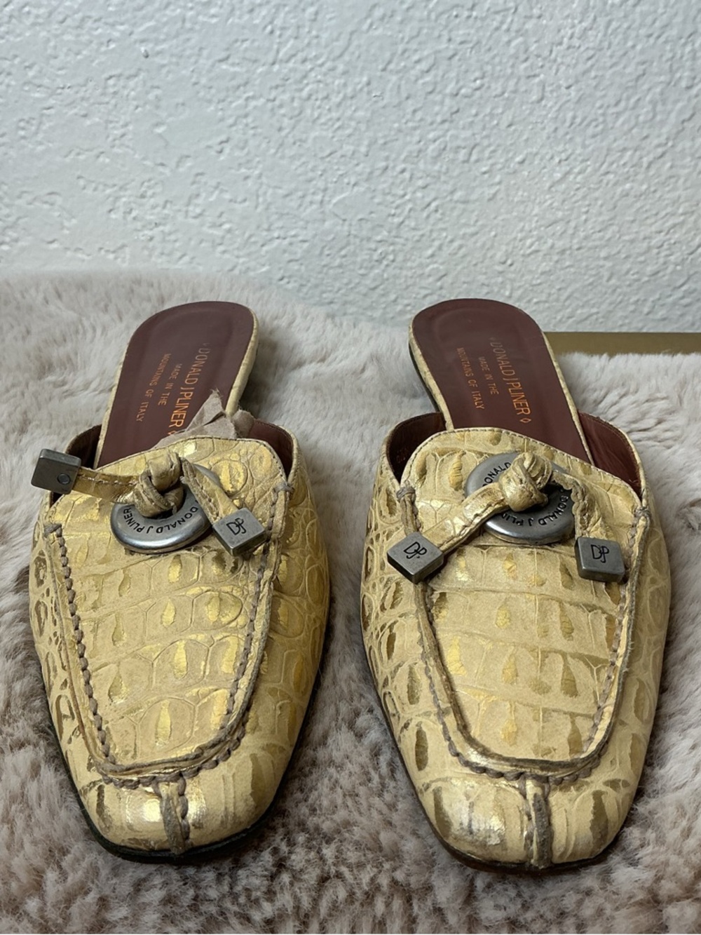 Vintage Donald J. Pliner Gold Croc-Embossed Slip-On Mules with Metal Accent